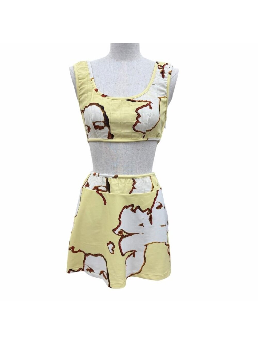 Chanel 00S CC Logo Maillon Face Print Swimsuit Piece Set Yellow 38
